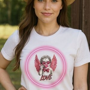 Valentine’s Day Cherub Graphic Tee – Pink Heart Cupid Shirt, Angelcore Aesthetic